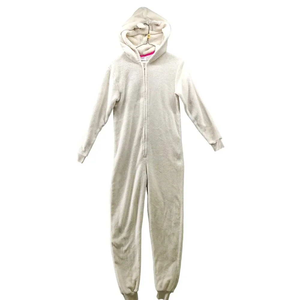 Gap Girls Size 12 One Piece Fleece Pajama Jumpsuit Unicorn Hooded‎ Plush Ivory